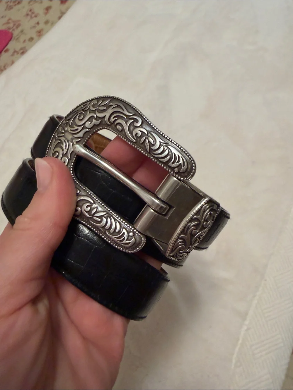 Vintage Black Western Reversible Leather Belt with Ornate Silver Buckle